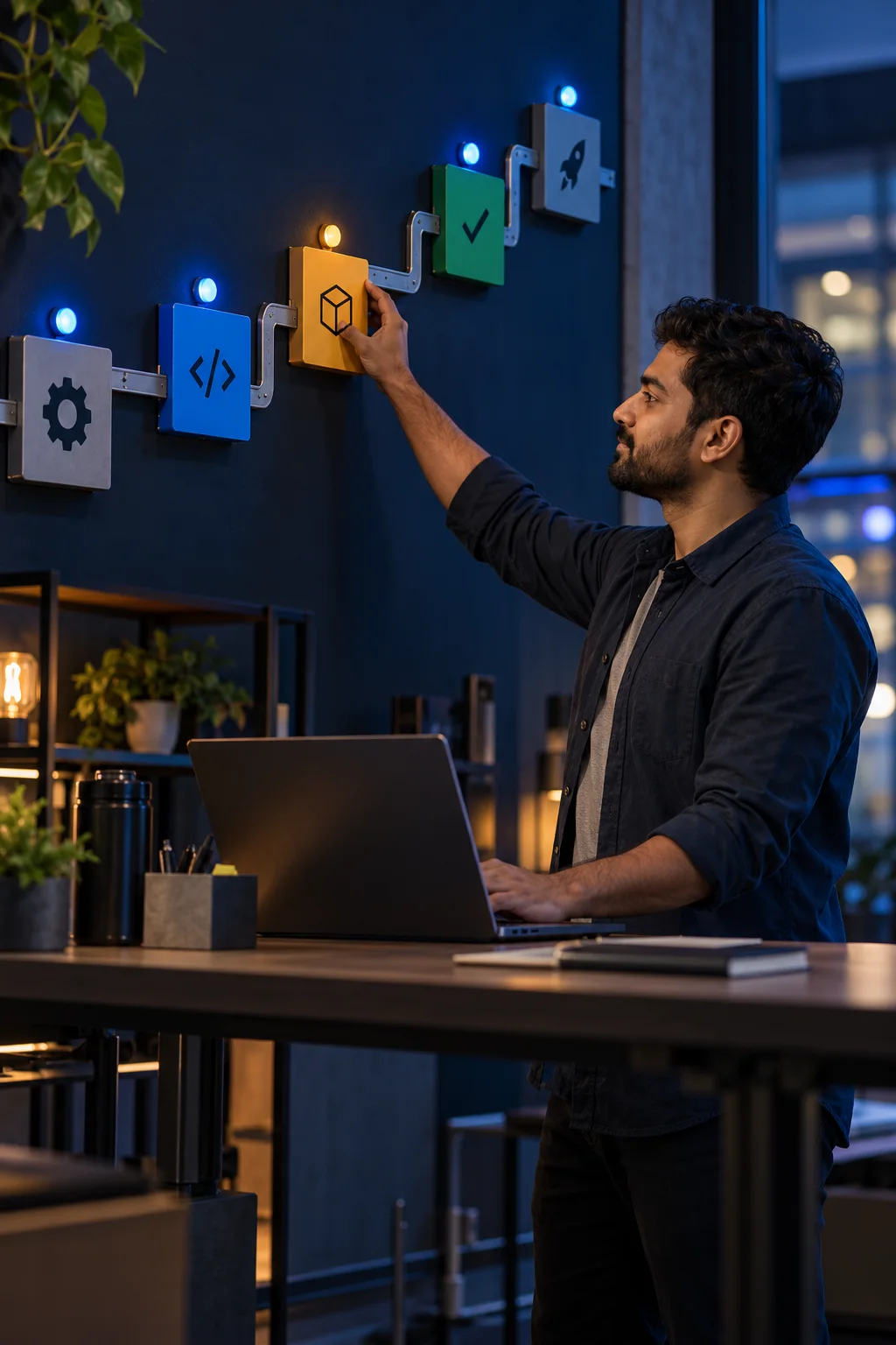 Engineer arranging a physical software deployment pipeline
