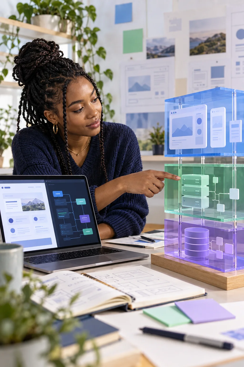Developer mapping front end, backend and database layers of a web product