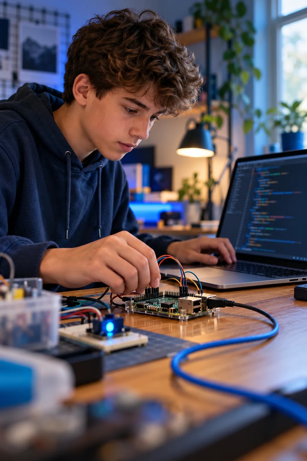 Teenage learner building a programming and hardware automation project